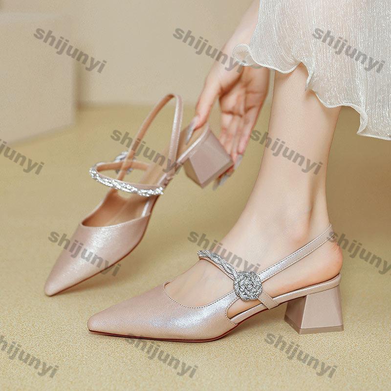 Elegant Medium Heel Women's Shoes 2025 Summer Chunky Heels Pointed End Sandals Flowers Elegant Mary Jane High Heels High Quality