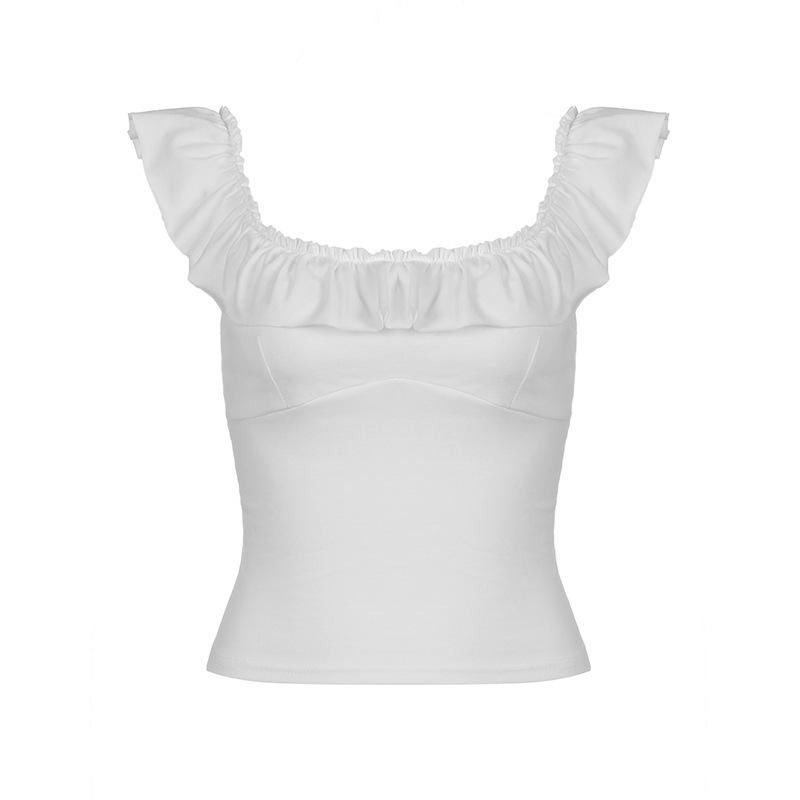 

«Футболка French Chic Square Neck с оборками на рукавах, тонкая, однотонная, сексуальная, плиссированная, летняя для женщин» Large белый