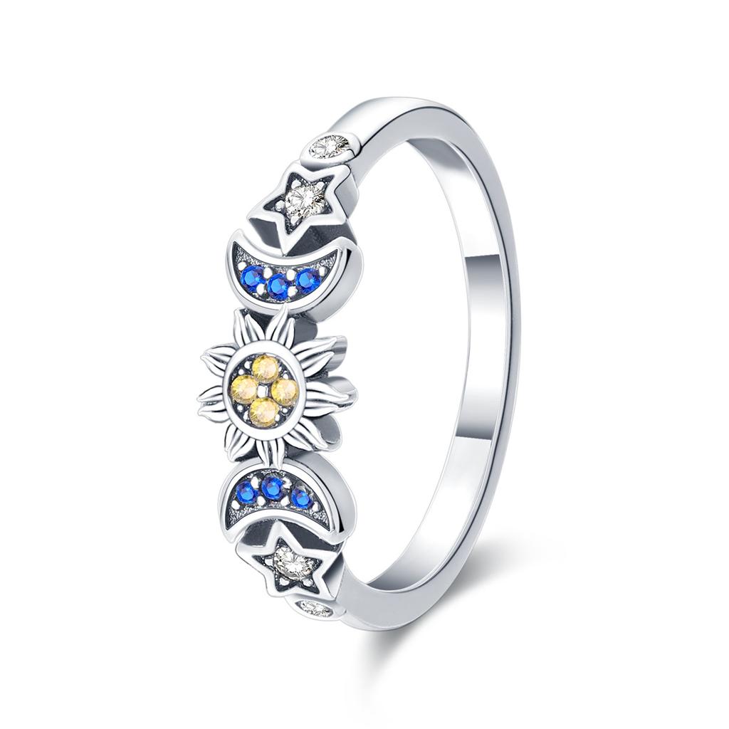 S925 Silver Luxury Fashion Star And Moon Design Earrings And Ring Set