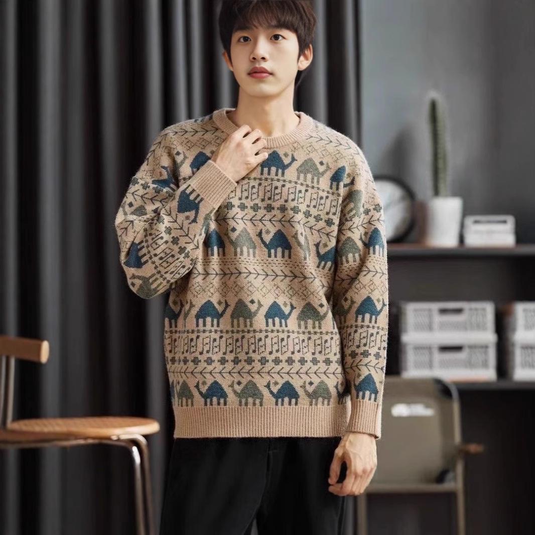 

Мужской ретро японский вязаный свитер - этнический стиль, круглый вырез, мода осень/зима M верблюд