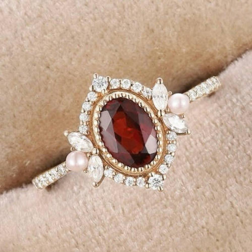 Luxury Ins Fresh and Sweet Garnet Red Zircon Ring Pearl Women's Diamond Jewelry New Women's Ring