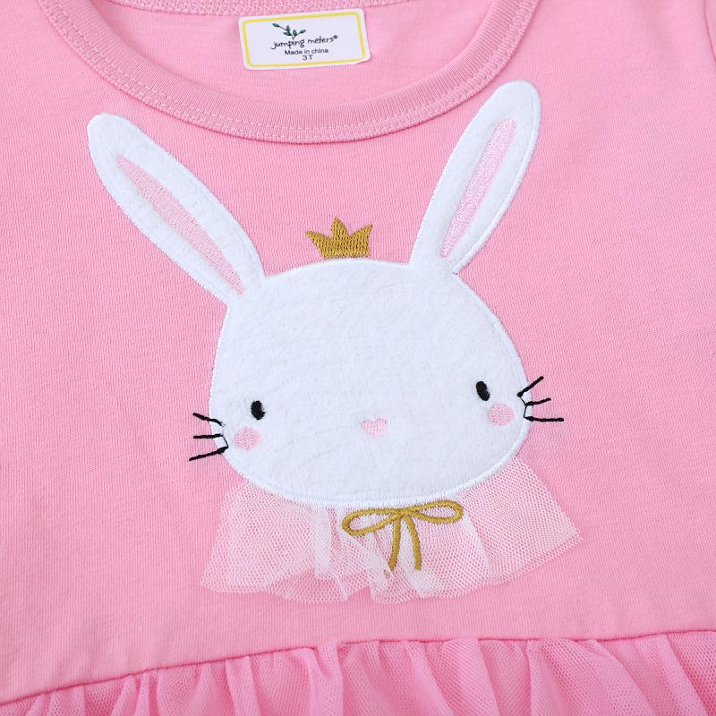 Vestito Estivo a Maniche Corte con Gonna in Rete e Ricamo di Coniglio Bianco per Bambine