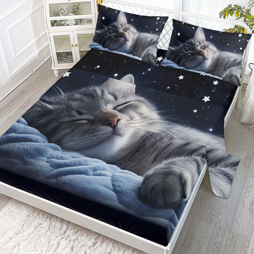 Starry Sky Cat 4-Piece Set, Cute Kitten Helps Sleep, Including 1 Bed Sheet, 1 Duvet Cover, 2 Pillowcases (Pets, Life)