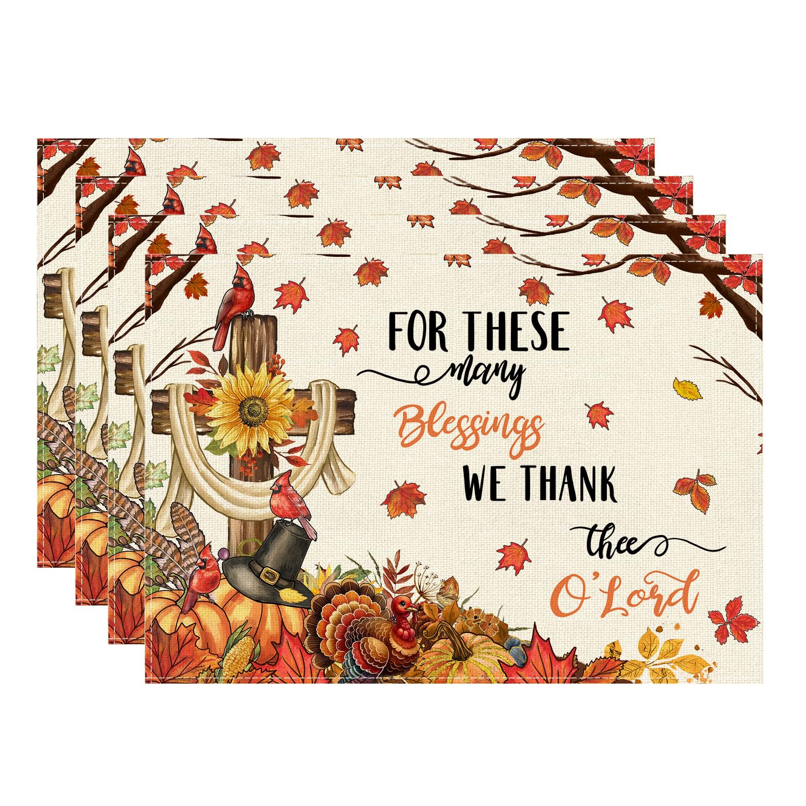Thanksgiving Cross Turkey Fall Placemats Set of 4 Table Mats for Party Home Kitchen Dining Table Decorations 12x18 Inch Placemats Set of 4 (12x18 Inch)