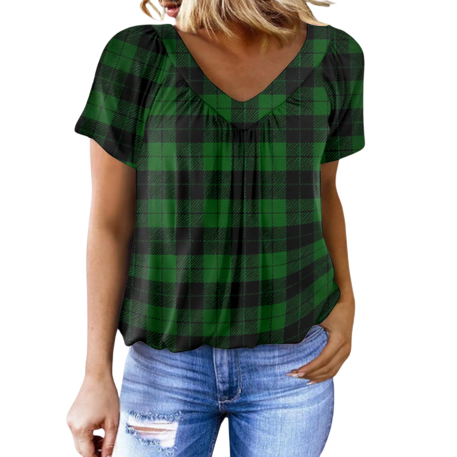 

Women s Casual V-Neck Ruffled Plaid Print Short-Sleeve Top L