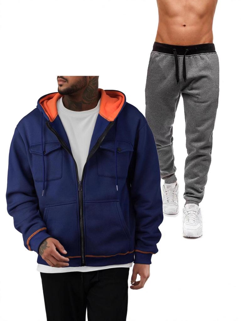 Men's European Size 220g Zip-Up Hoodie and Sweatshirt with Double Pockets - Sporty Casual Set