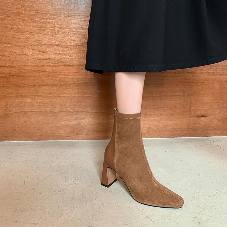 Square Head Thick Heel Short Boots Women's Splicing Fashion Boots Short Tube High Heel Suede Socks Boots Elastic