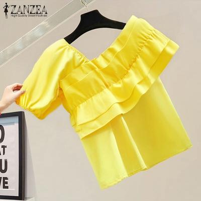 Women Summer Square Neck Ruffle Short Sleeve Layered Blouses