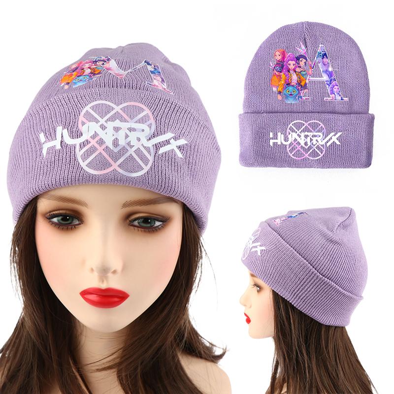 K Pop Demon Hunters Flickor Stickade Mössor Tecknade Bokstäver Barn Mössa Vinter Söt Varm Mössa Anime Barn Födelsedagspresenter