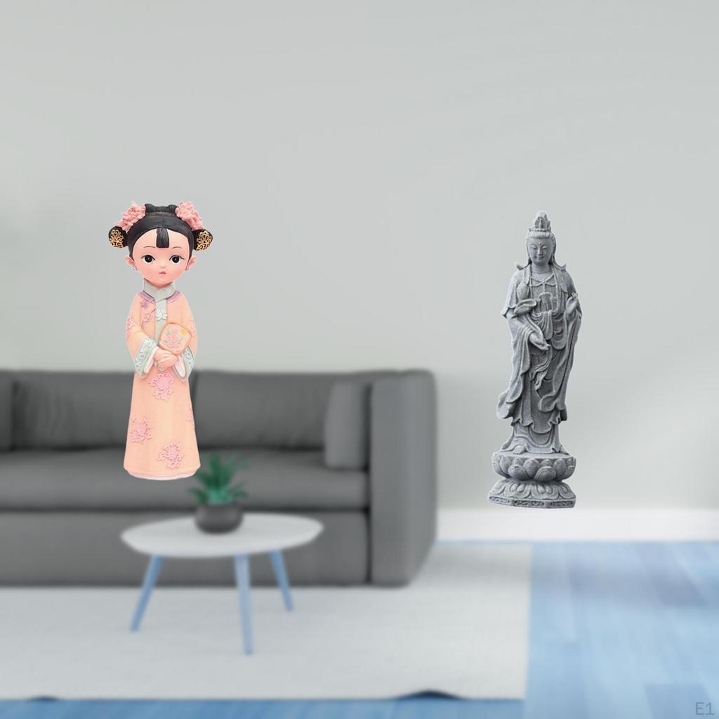 Traditional Chinese Girl And Guan Yin Resin Statue Sculpture Miniature Figurine Female Buddha