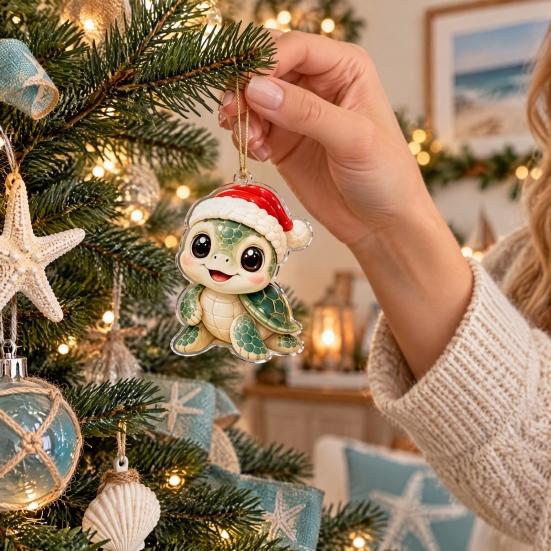 Christmas Advent Calendar Ocean Animal Calendar,24Pcs Acrylic 2D Ornament Set with Turtle Penguin Shell Fish Decor Sea Turtle/Shell/Fish/Penguin/Shark