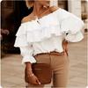 Chic Off Shoulder Double-Layer Top Women High Street Solid Color Spring Autumn T-Shirt Vacation Casual Backless Clothes
