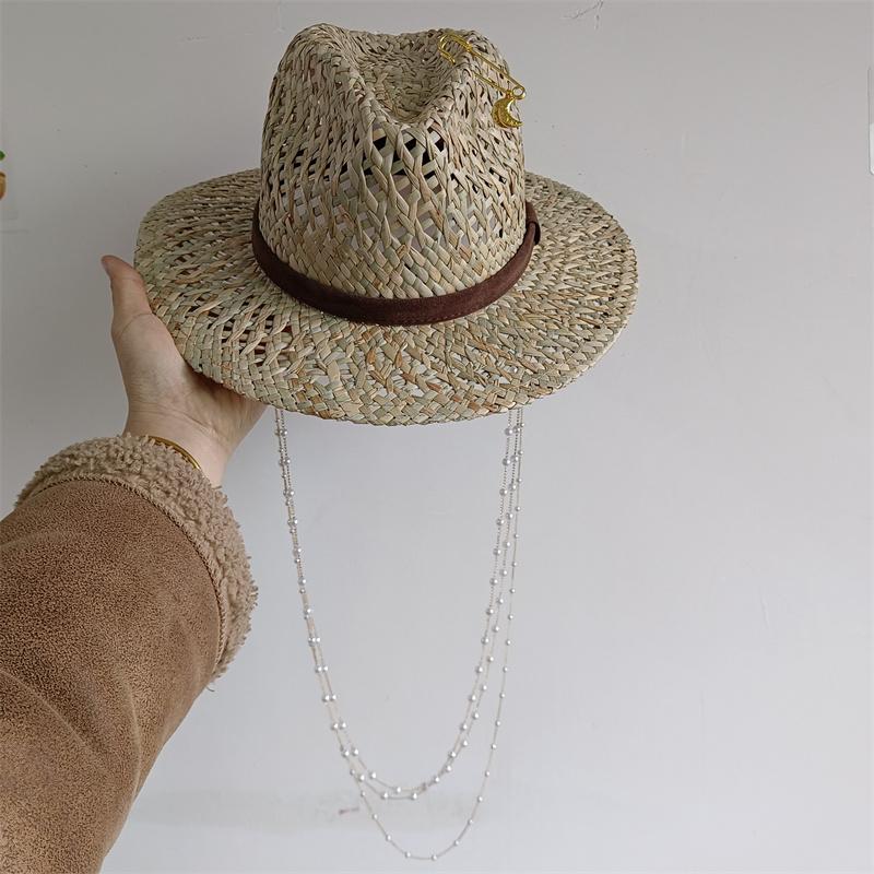 S European And American Style Pin Design Straw Hat Female Hollow Letter Sun Hat Fashion Metal Chain Sunshade Hat