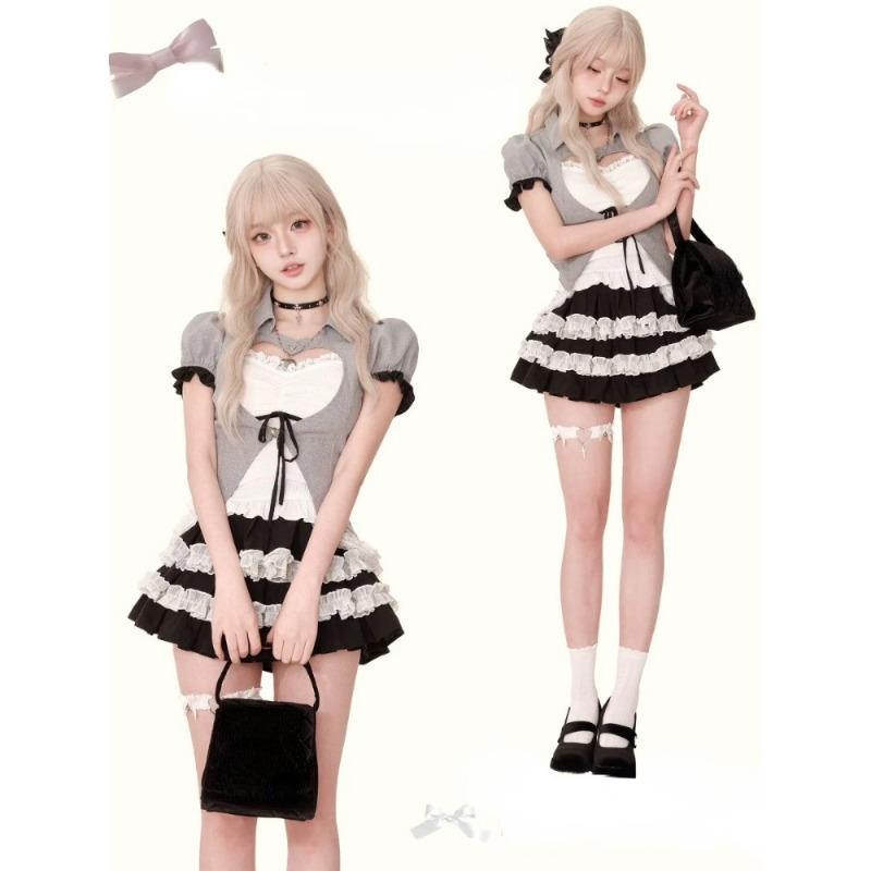 Japanese Style Kawaii 3 Piece Skirt Sets Women Sweet Tops + Casual Slim Vest + Cute Lace Mini Skirt 2000s Fashion Suit Hot Girls