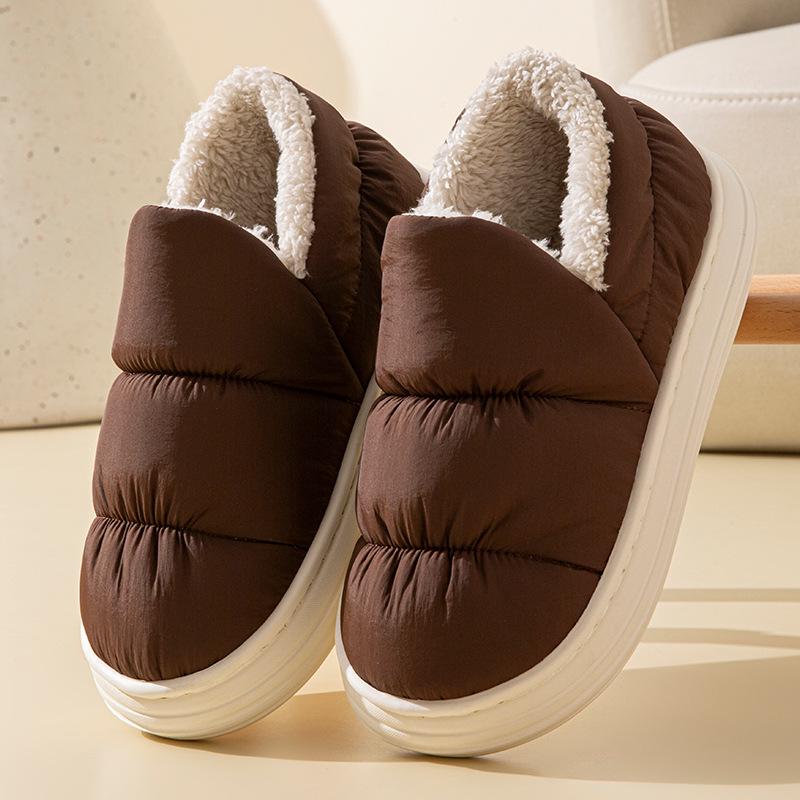 Waterproof Down Fabric Indoor Slippers for Men & Women - Warm, Closed-Heel, Autumn/Winter Style