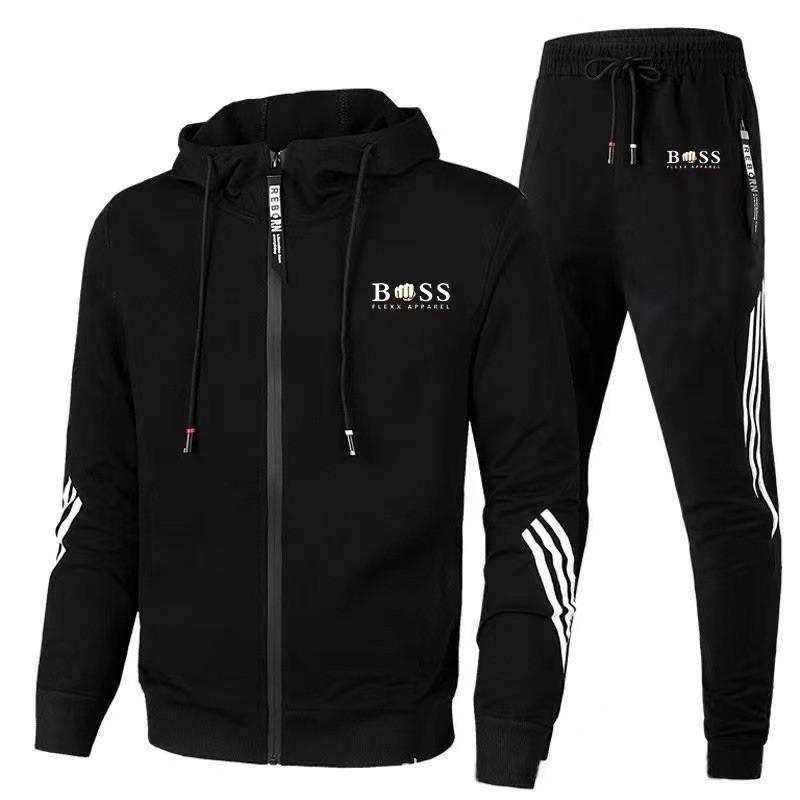 Mens Casual Tracksuit Set Hooded Zip Sweatshirt Sweatpants Air Layer Cotton Sportswear