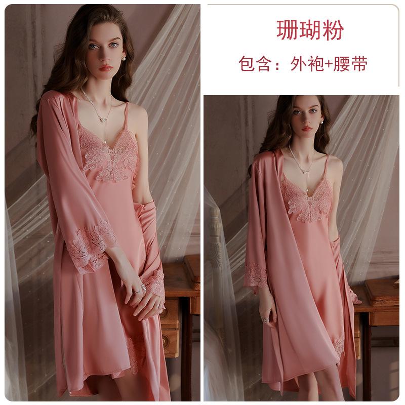 Women's Silky Satin Lace Deep V Cami Sleep Dress with Robe Lounge Set