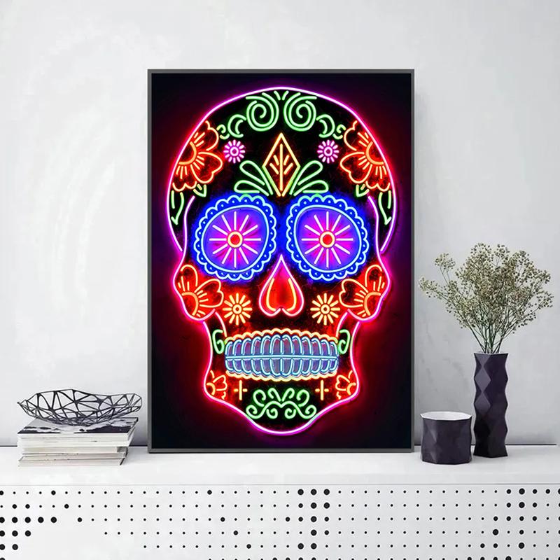 Neon Effect Skull Posters and Prints Modern Painting Wall Art Pictures for Living Room Game Room Home Decoration Gifts