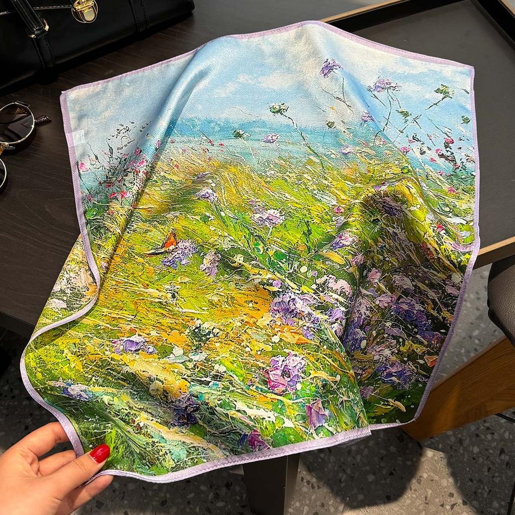 53Cm 100% Real Silk Scarf Square Bandelet Women'S Silk Temperament Small Scarf Neck Decorative Wrap Oil Printed Lavender Scarves