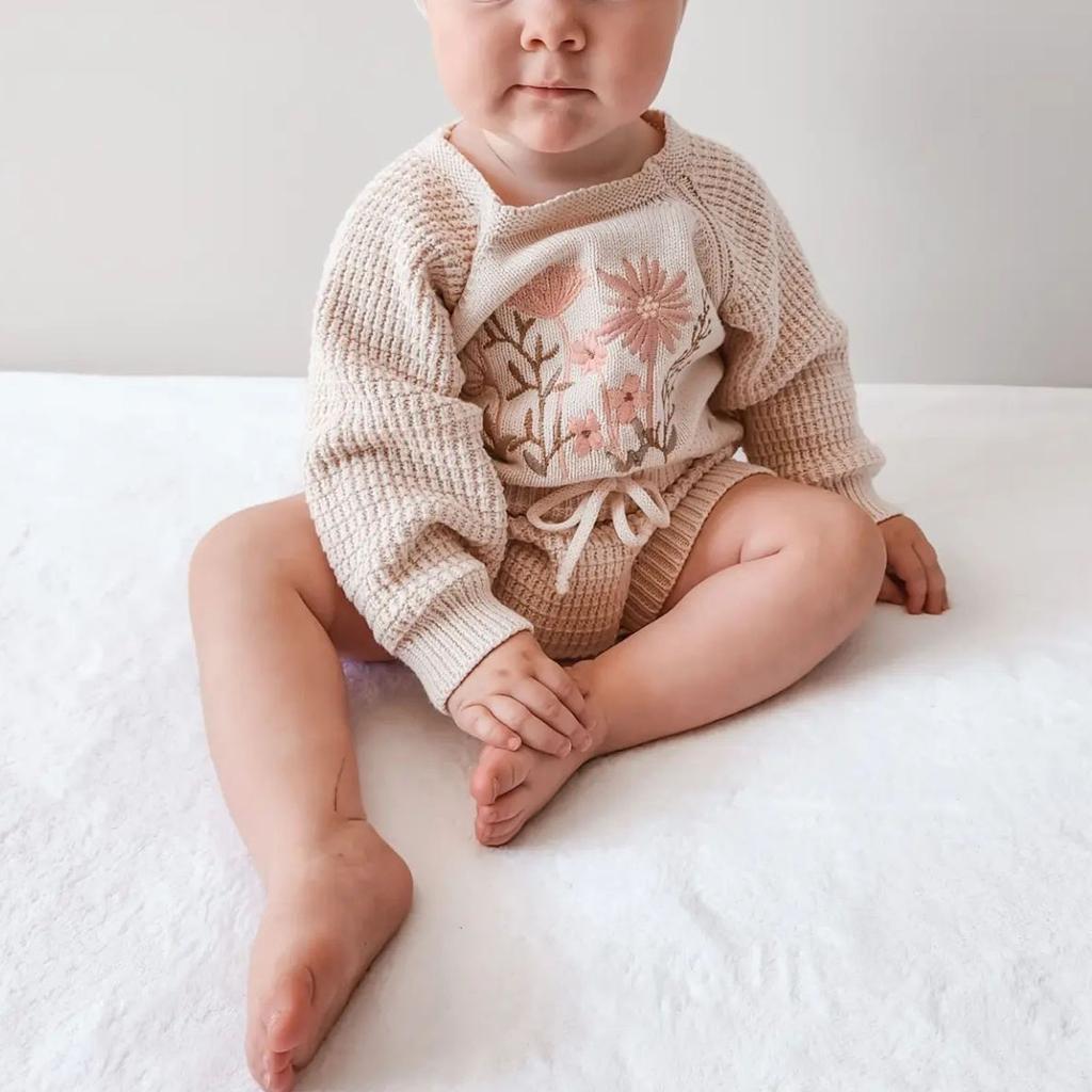 Babyjenter Vaffelgenser Rompers Blomsterbroderi Rundhals Langermet snøring Spedbarn Høst Småbarnsklær Bodysuits