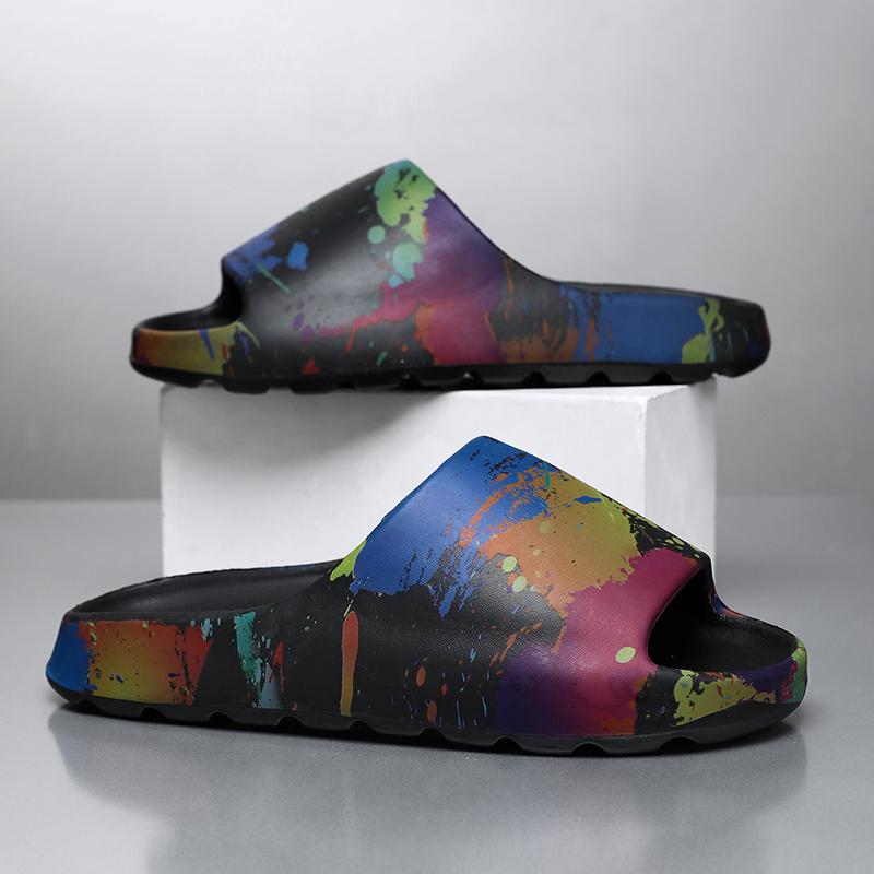 Mens Large Size Painted Thick-Soled Sandal Shoes, New Summertime Style, Anti-Skid Daily Flip-Flops, Beach Slide Shoes