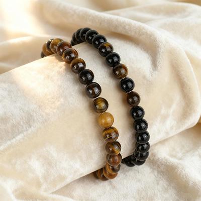 Premium 2 Stück/Set 6mm Zweifarbiges Steinarmband Herren Howlith Obsidian Tigerauge Perlenkette Armband Anhänger Meditation Schmuck für Männer