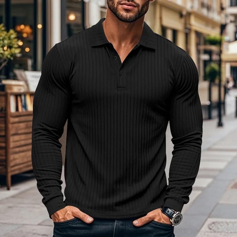 Cross-border Autumn and Spring Men's Classic Casual American Lapel Button-up Long-sleeved T-shirt Elastic Polo Shirt