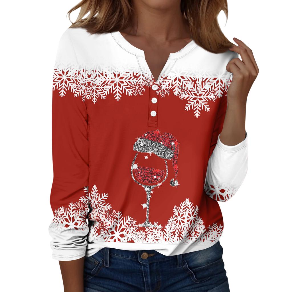 Damen T-Shirt mit Weihnachtsdruck, Knopfleiste, lange Ärmel, für den Alltag, Wochenende, modisch, Basic, V-Ausschnitt, normales Oberteil