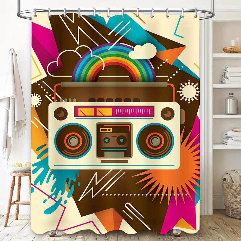 Retro Boombox Shower Curtain Multicolored Music Retro Home Decor Bathroom Set for Kids Gift