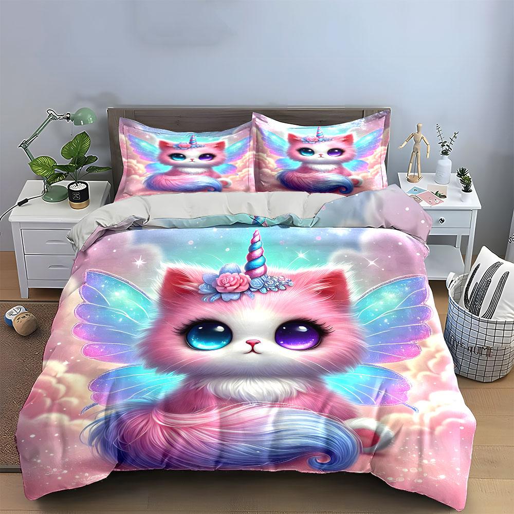 Fantasy Unicorn Cat Set Imagery Exquisite Three-Piece Bedding Set Gift For Kids And Adults