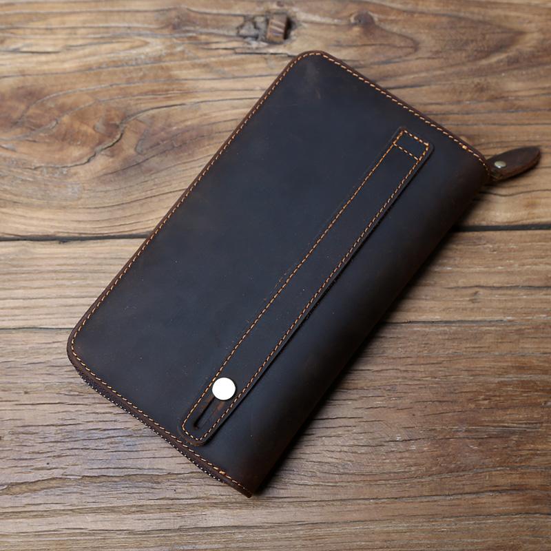 NZPJ Vintage Men Long Leather Wallet Crazy Horse Leather Mobile Bag Natural Cowhide Clutch Bag Multi Functional Wallet Card Bag