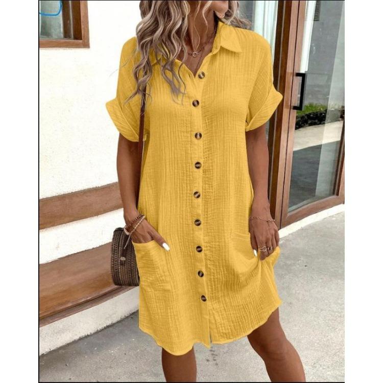 

Loose Casual Midi Dress Women Solid Color Single Breasted Short Sleeve S жёлтый