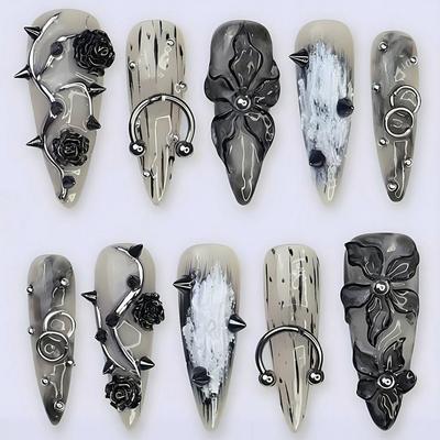 Cross-border Long-pointed Goth Style Wearing Nail Piece Cool Dark Rose Steel Ball Nail Piece Patch Wearable Nail Art