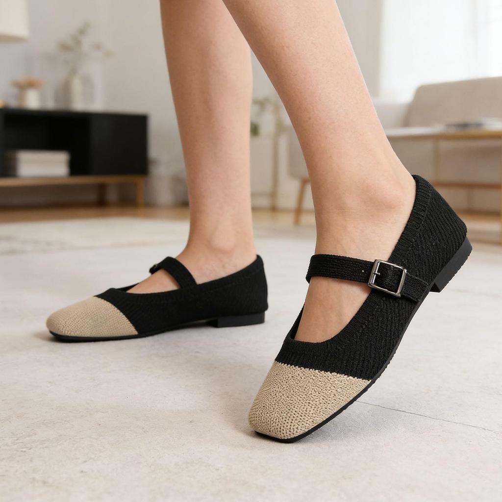 Women Flat Mary Jane Shoes Square Toe Knitted Upper Buckle Strap Slip On Casual Comfortable Lightweight Footwear