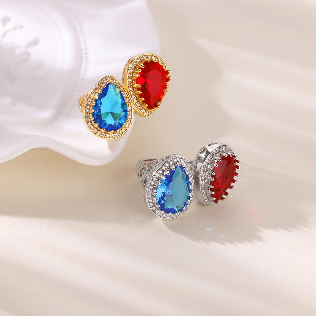 Hot-selling colored zircon double water drop ring for women's exaggerated high-end light luxury full diamond ring jewelry retro