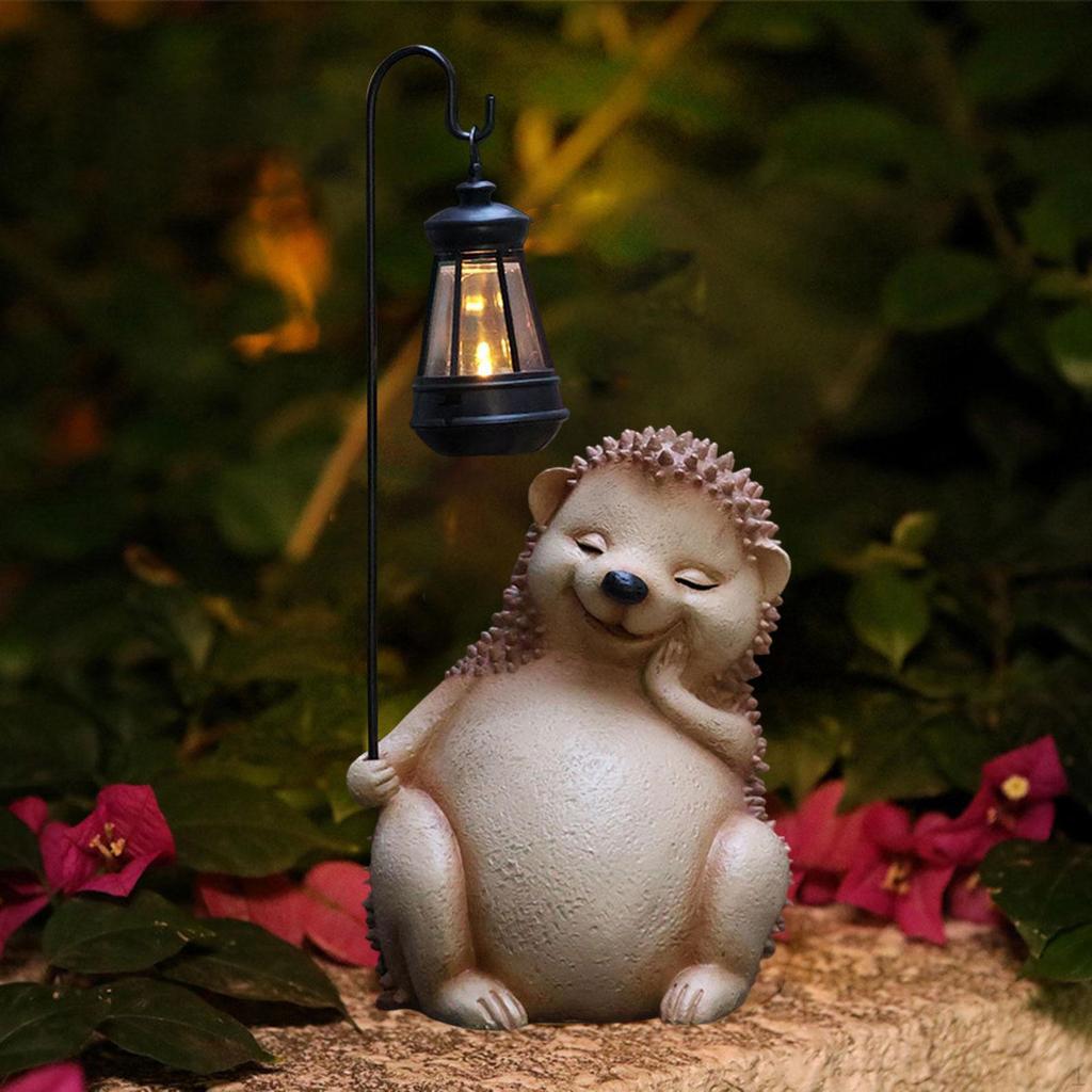 Garden Statue with Solar Light Hedgehog Figurine Lantern Lamp Night Patio Resin Animal