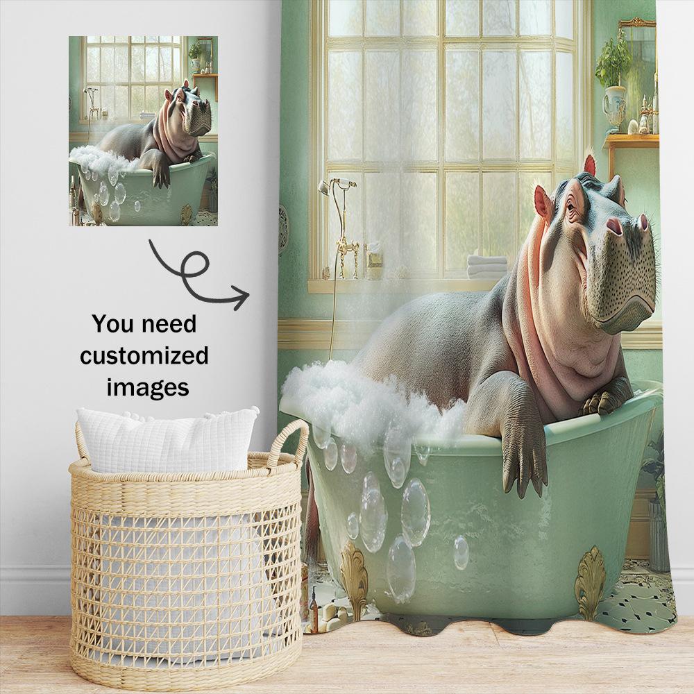 Cute Bathing Hippo Shower Curtain Washable Dirt-Resistant Shower Head waterproof Polyester Bath Curtain For Home Decor