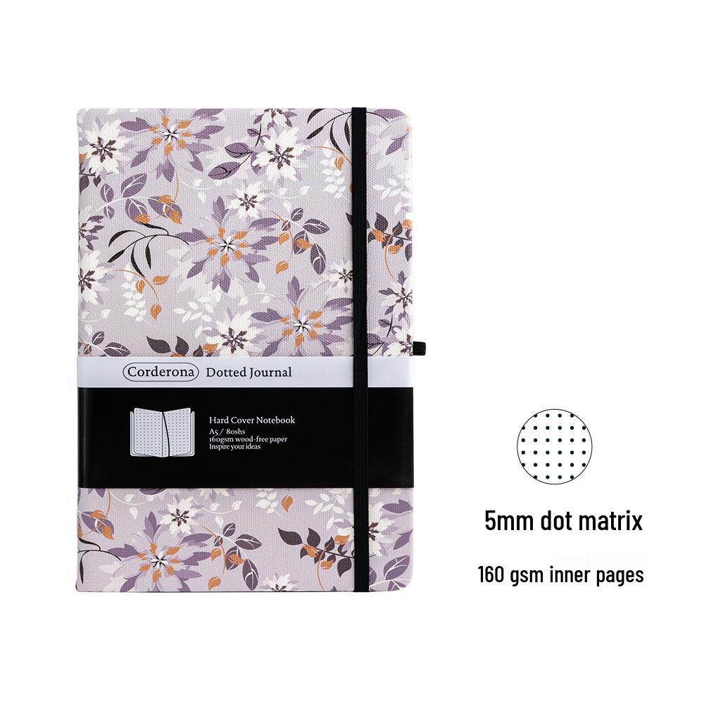 A5 Grey Floral Bullet Journal with Elastic Band & Pocket - Dot Grid & Lined Notebook Planner, Hardcover