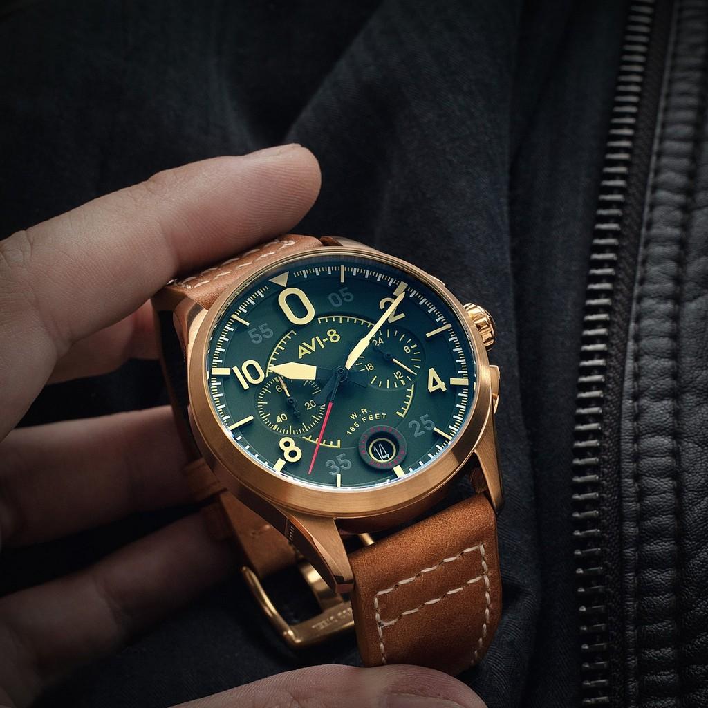 AVI-8 Kožený řemínek s chronografem Spitfire Lock Bronz Zelený ciferník Quartz AV-4089-02 pánské hodinky