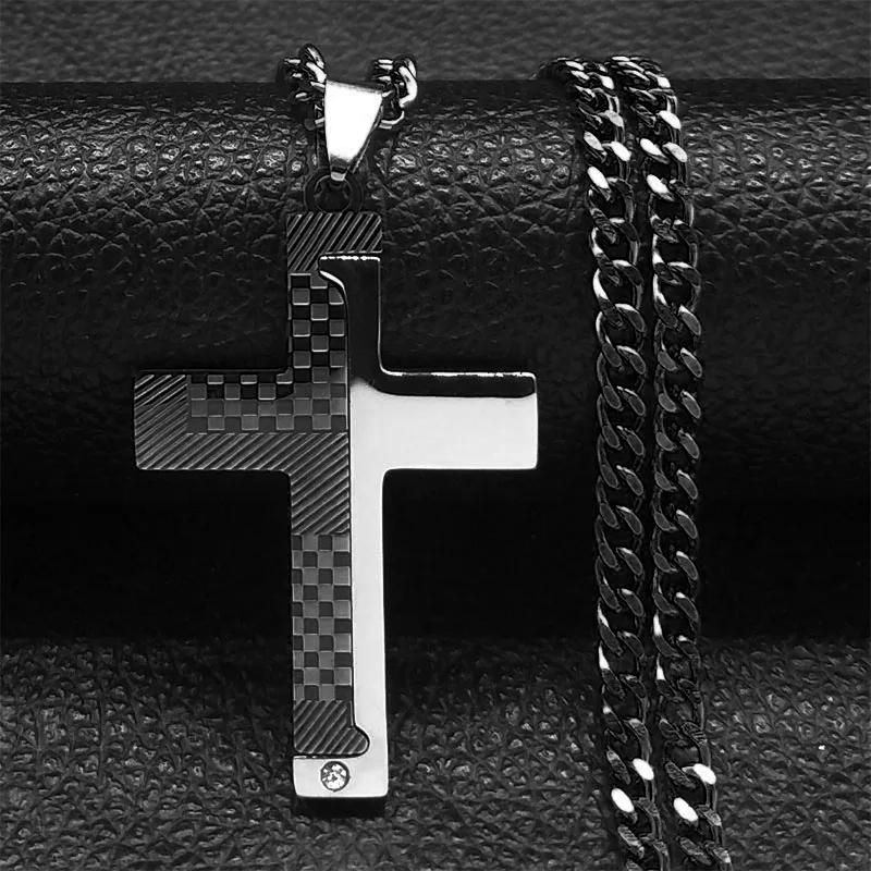 Goth Stainless Steel Cross Pendant Necklace Biker Men Punk Black Silver Color Crucifixion Crystal Necklace Hip Hop Jewelry N6337