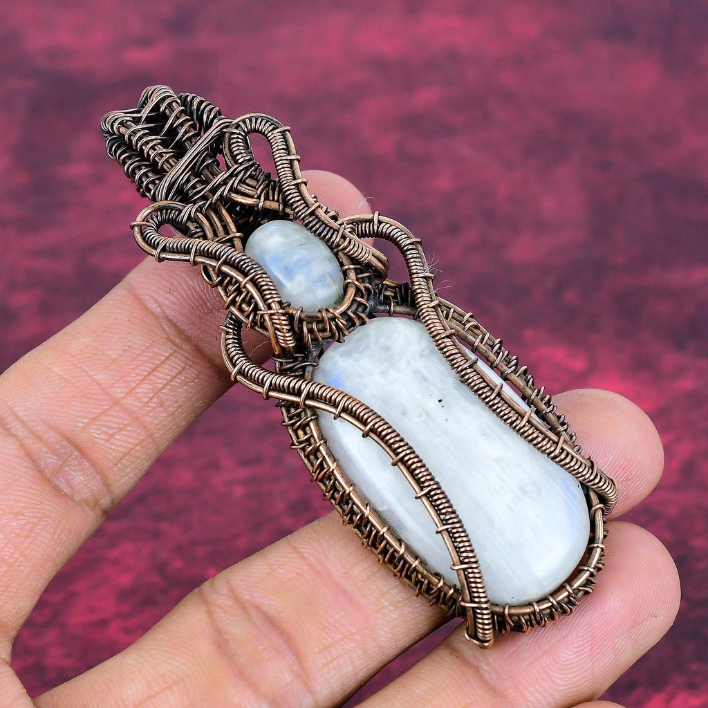 Rainbow Moonstone Pendant Copper Wire Wrapped Handmade Jewelry Gemstone Pendant