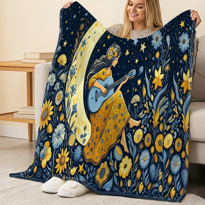 Dreamy Illustration Flannel Blanket - Anti-Pilling, Soft Warm All-Season Throw, Ideal for Postpartum, Home Decor, Bedroom, Halloween & Christmas Use