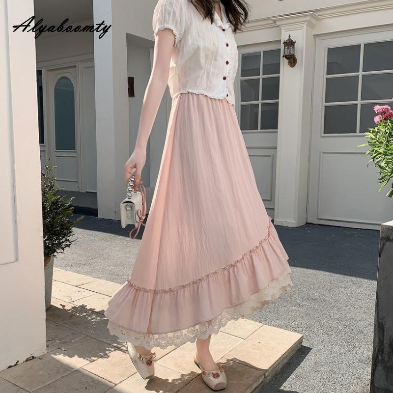 French Style Spring Summer Women Irregular Skirt High Waist Black White Pink Lace Patchwork Skirt Sweet Ruffles Princess Skirts