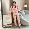 Women's Flannel Two-Piece Pajama Set: Round Neck, Loose Long Sleeve, Double-Sided Fleece Homewear.