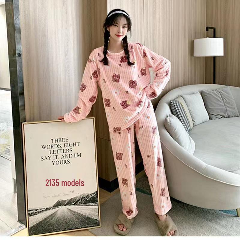 Women's Flannel Two-Piece Pajama Set: Round Neck, Loose Long Sleeve, Double-Sided Fleece Homewear.