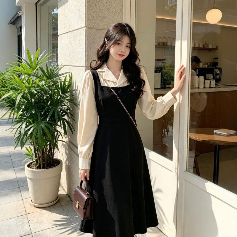 Autumn wear new long-sleeved dress women's splicing fake two simple schoolgirl French niche skirt