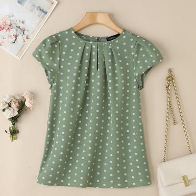 Women Vintage Polka Dot Daily Pleated Short Sleeve O-Neck Blouses