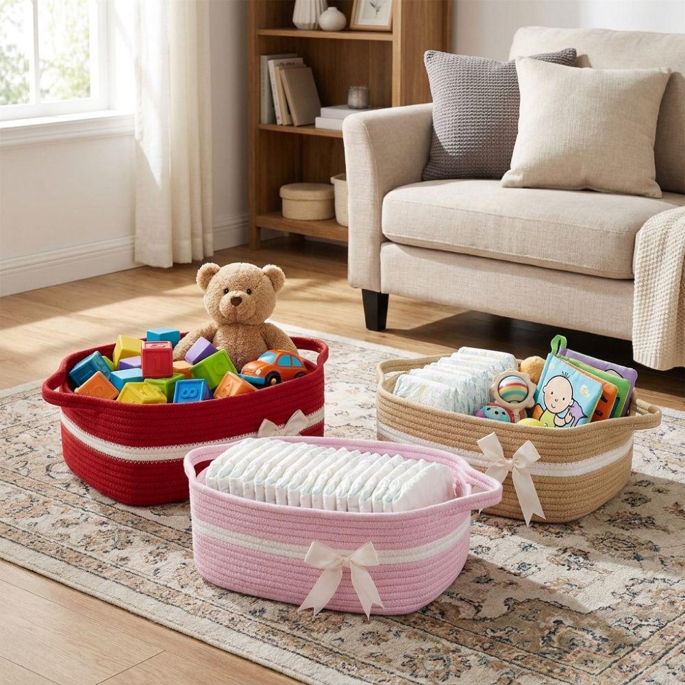 Cotton Rope Woven Storage Basket Large Capacity Space Saving Cosmetic Storage Basket with Handle Toys Storage Basket