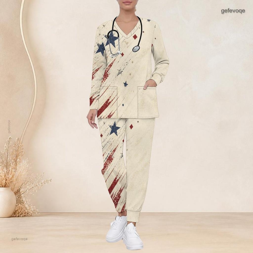 Women Plus Size V Neck Long Sleeve Scrub Set Pink Crystal Diamond Heart Glitter Print Nurse Uniform Set