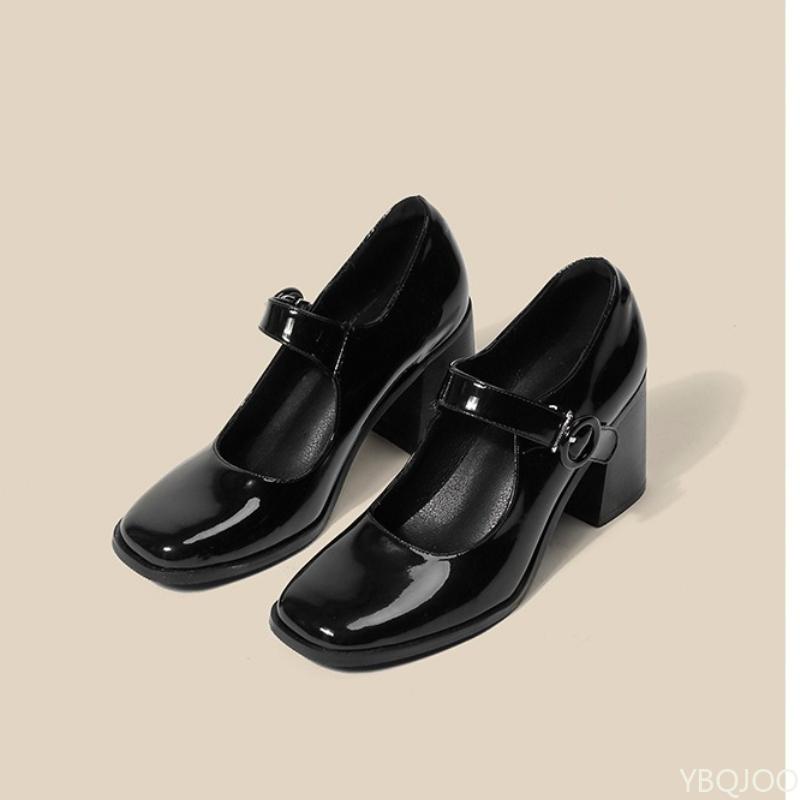 Fashion Thick Heeled Square Toe Women's Shoes Black High Heels with a Single Button Thick Heels Simple Versatile Comfortable Single Shoe